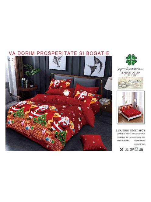 Lenjerie de pat craciun finet cu elastic 6 piese - Cod C19