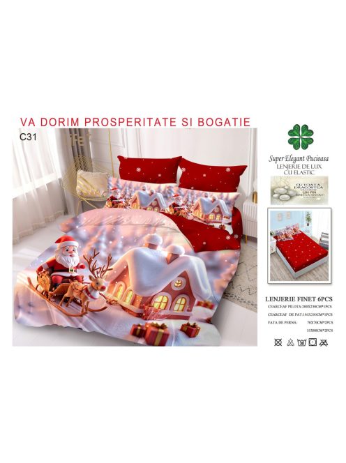 Lenjerie de pat craciun finet cu elastic 6 piese - Cod C31